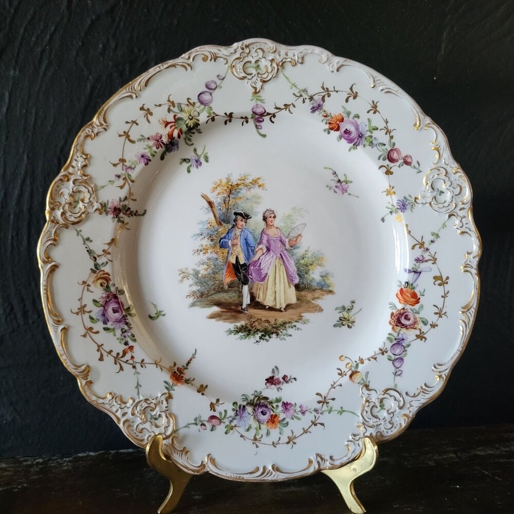 Antique Meissen Plate Courting Couple Romantic Scene Floral Design 8.75"